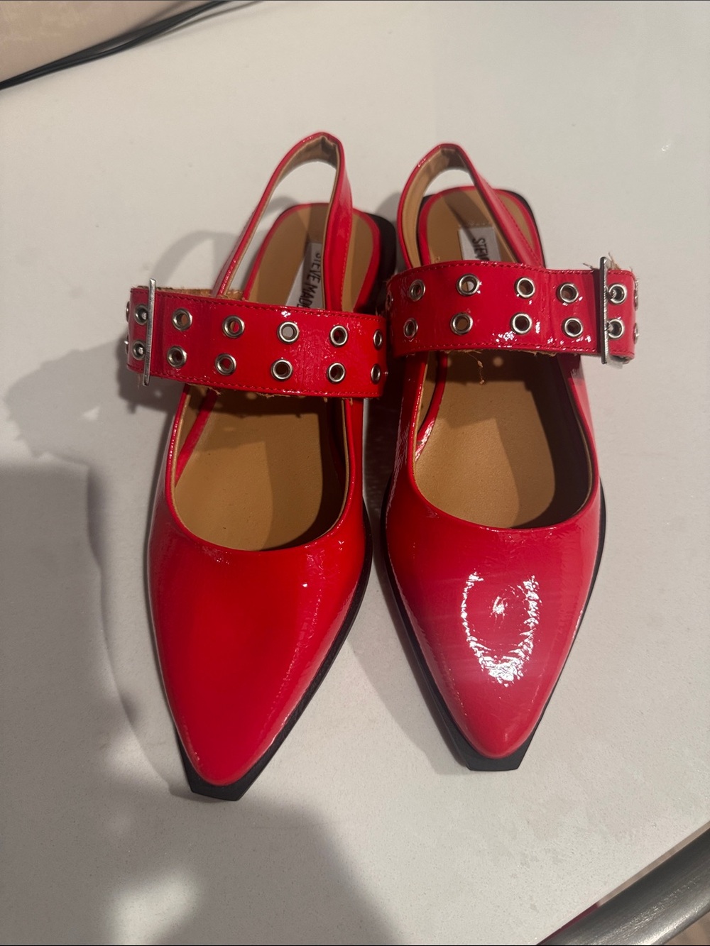 Steve Madden Red Patent Pointed-Toe Slingback Flats with Studded Strap